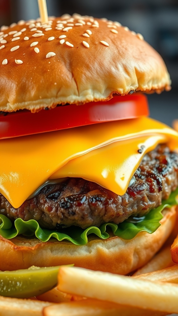 A classic cheeseburger with beef patty, cheddar cheese, lettuce, and tomato, served with fries and pickles.